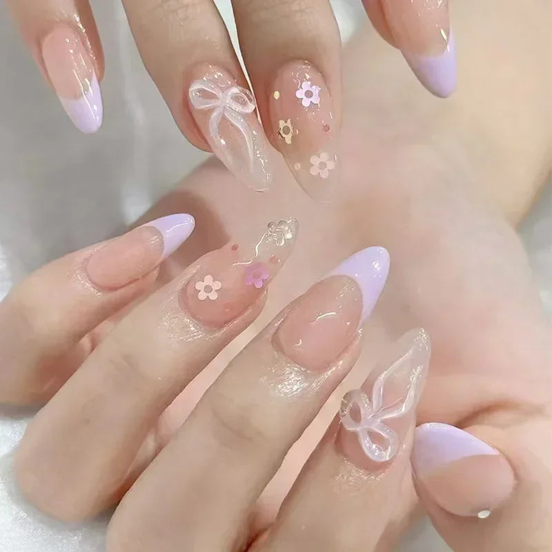 Hnewly 24Pcs Cat Eye Press on Nails with Almond Head Bow Diamond Stick on False Nail Sweet Pink French Full Cover Artificial Nails Tips