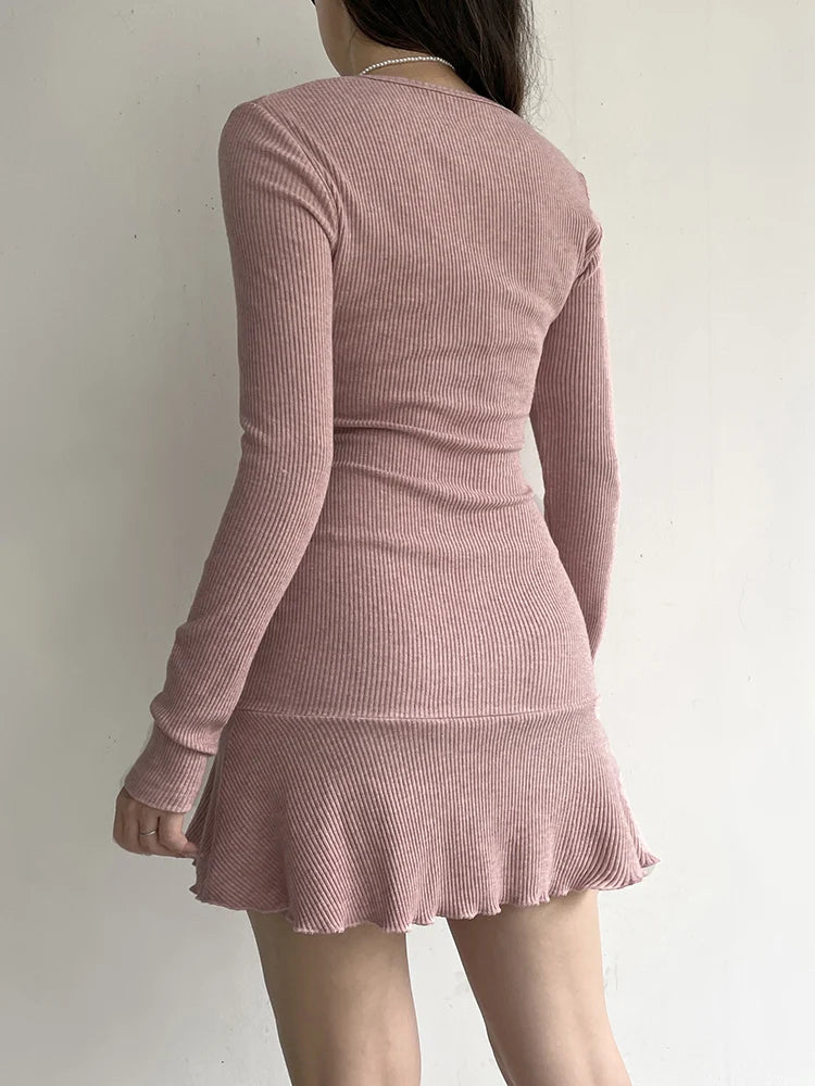 Hnewly DRESS TO IMPRESS Elegant Knitted Mini Dresses Women Autumn Y2K Aesthetics Sweet Slim Long Sleeve Square Collar Dress Solid Casual Korean