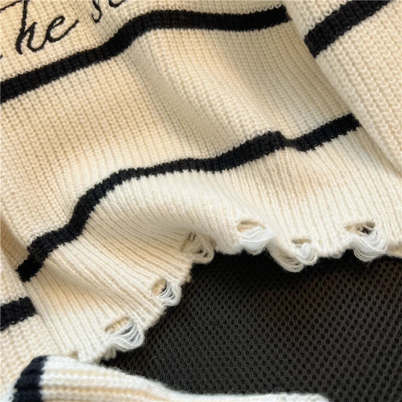 Hnewly  Short Sweater Women's Autumn Winter 2025 New Stripe Hollow Out Fashion Star Letter Knitwear Long Sleeve Top Thicked Pullover