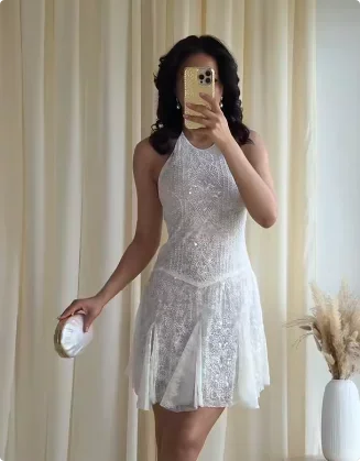Hnewly  Women Sexy Lace Mini Halter Dress Chic Solid Sleeveless Backless Sequin A-line Slim Fit Dresses New Ladies Party Vestidos