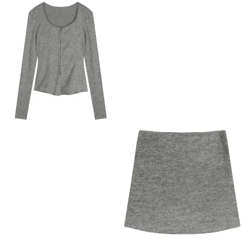 Hnewly 2025 spring fashion trend Autumn New Grey Casual Knitted Suits Sexy 2 Piece Skirt Set Woman Elegant Y2k Crop Tops + High Waist Slim Mini Skirt Korean