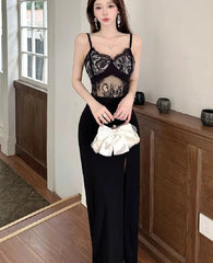 Hnewly  Woman Dress Sleeveless Hollow Out Sexy Elegant Slim Split Lace Patchwork V Neck Backless Party Dresses Female Fashion