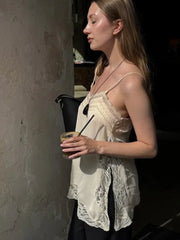 Hnewly  Sexy Lace Patchwork Sling Top Women V-neck Sleeveless Side Split Solid Color Vests New Summer Evening Party Vacation Tops