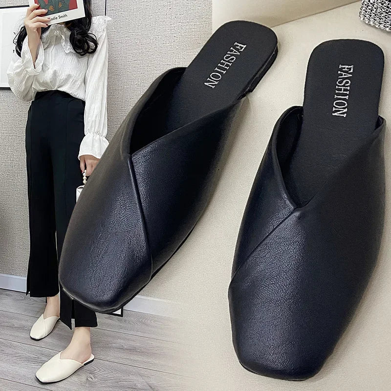 Hnewly Women Mules Summer Elegant Square Closed Toe Flat Slippers Female Shoes Casual Leather Black White Slides Plus Size 35-43