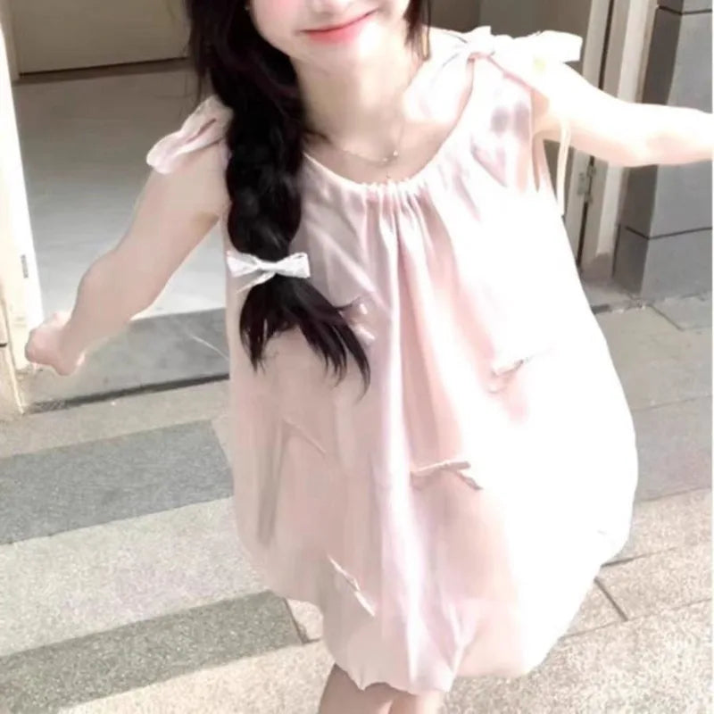 Hnewly  Mini Dresses Women Sleeveless Bow Bandage Sweet Elegant Bud Mini Dress Summer Fashion Princess Female Casual Party