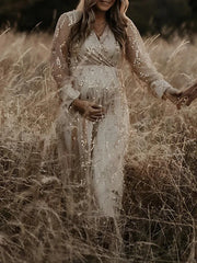 Hnewly  Elegant Sequin Maternity Dress Photoshoot Beige Long Sleeve V Neck Pregnancy Gown Vintage Maternity Photography Glitter Dresses