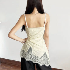 Hnewly y2k Tops Women Coquette Clothing Solid Color V Neck Lace Patchwork Spaghetti Strap Sleeveless Camisole Vest Streetwear