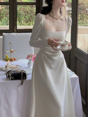 Hnewly Spring New Elegant Square Collar Midi Party Dress  For Women Long Sleeve Black White Slim Vestidos Female Clothes