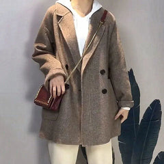 Hnewly Women's Herringbone Pattern Woolen Jacket, Imitation Cashmere Blazer, Korean Loose Thick Coat