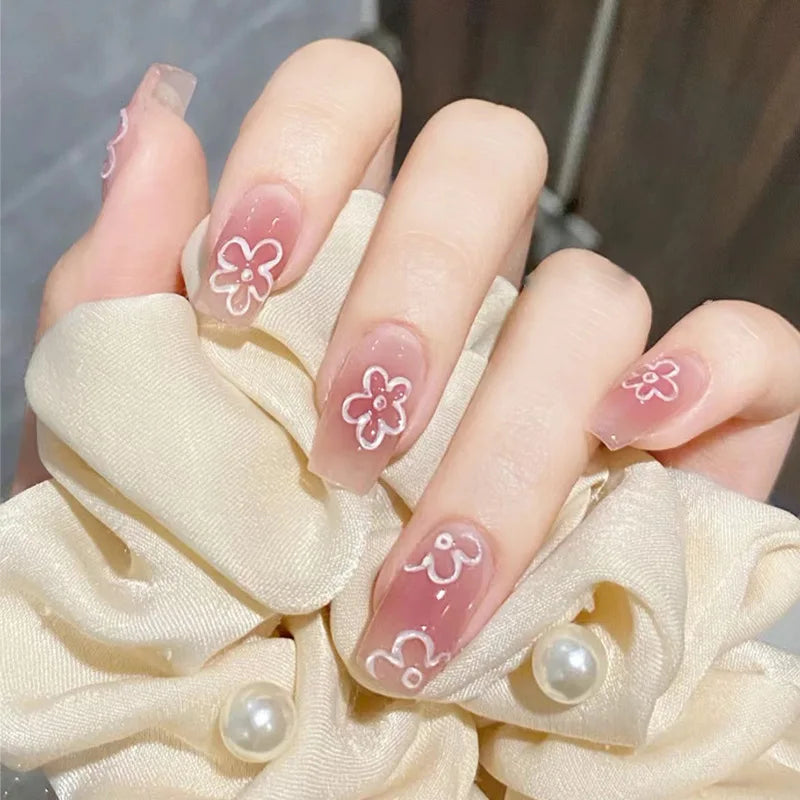 Hnewly 24Pcs/Box Gradient Color Artifical Press On Nails With Glue Long Coffin Fake Nails Lovely Girls Nail Art Ballerina False Nails
