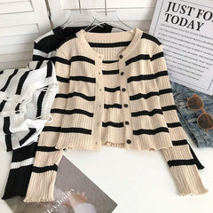 Hnewly  Women's Striped Knitting Cardigan Single Breasted Long Sleeved Sweater+Spaghetti Straps Vest Spring Autumn Korean Top 2pcs