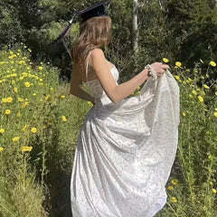 Hnewly French Elegant Flower Prints Camis Dress Women Summer Sexy Spaghetti Strap A Line Dress Lady Fashion Slim Pleated Party Vestidos