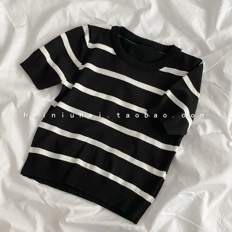 Hnewly  Vintage Stripe Knitted T-Shirt Women's Spring Summer New Fashion All-matched O- Neck Short Sleeve Slim Short Shirt Tops