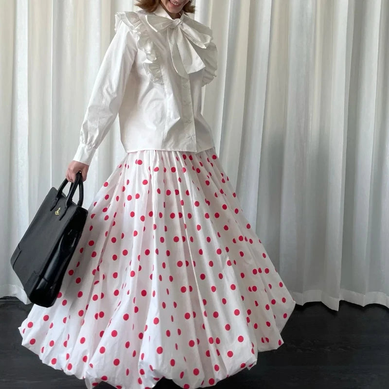 Hnewly  Vintage Sweet Long Skirt Women Elegant Red Polka Dot Maxi Skirts Japanese Style Harajuku High Waist Loose Ruffle Skirts