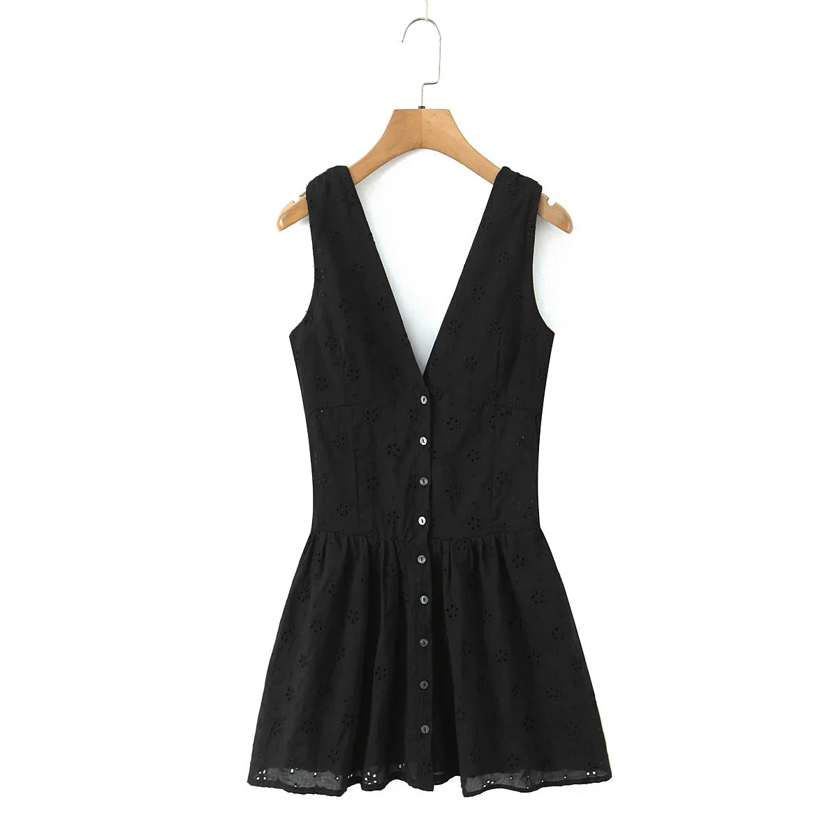 Lunivop  Summer Sexy Hollow Out Hole Deep V neck Tank Dress Women Open Buttons Slim Waist Folds Hem A-lined Sleeveless Dresses Vestidos