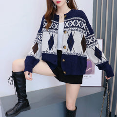 Hnewly  Argyle Cardigan Sweaters Women Geometric Print Long Sleeve Button-up Knitted Coat Soft Knitwear Vintage Fall Winter Outfit