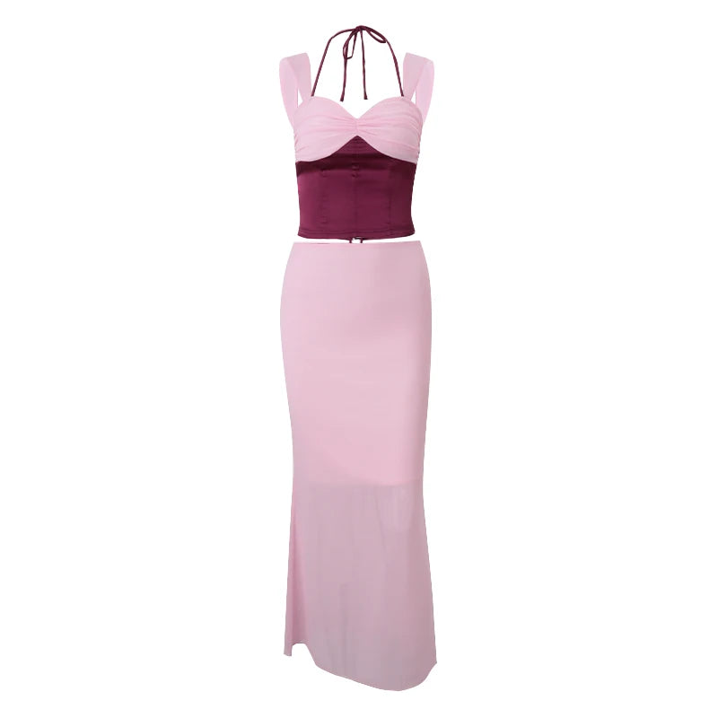 Hnewly Temperament Women's Two Piece Set Off Shoulder Sleeveless Patchwork Crop Tops With Sexy Slim Low-Waist Straight Skirts