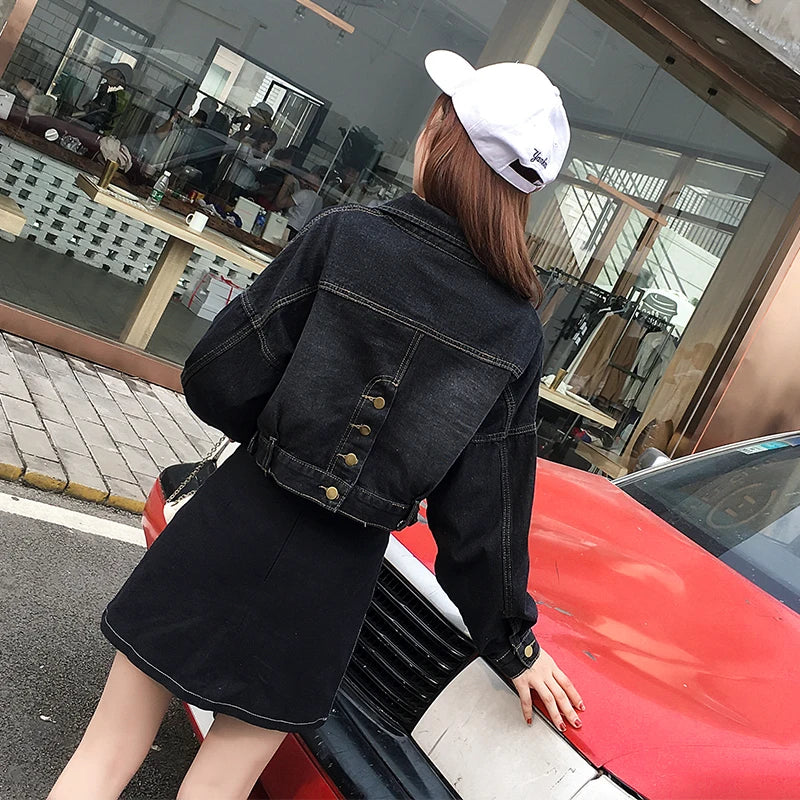 Hnewly Jean Jacket for Women Spring Autumn New Korean Bat Sleeved Short Top Loose BF Style Student Fashion Turn-down Collar Denim Coat
