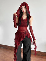 Hnewly  Streetwear 90s Grunge Mesh See Through Hooded Tops Cyber Y2K Irregular Hem Ruffles Hoodie Women Slim Blouse with Cuffs