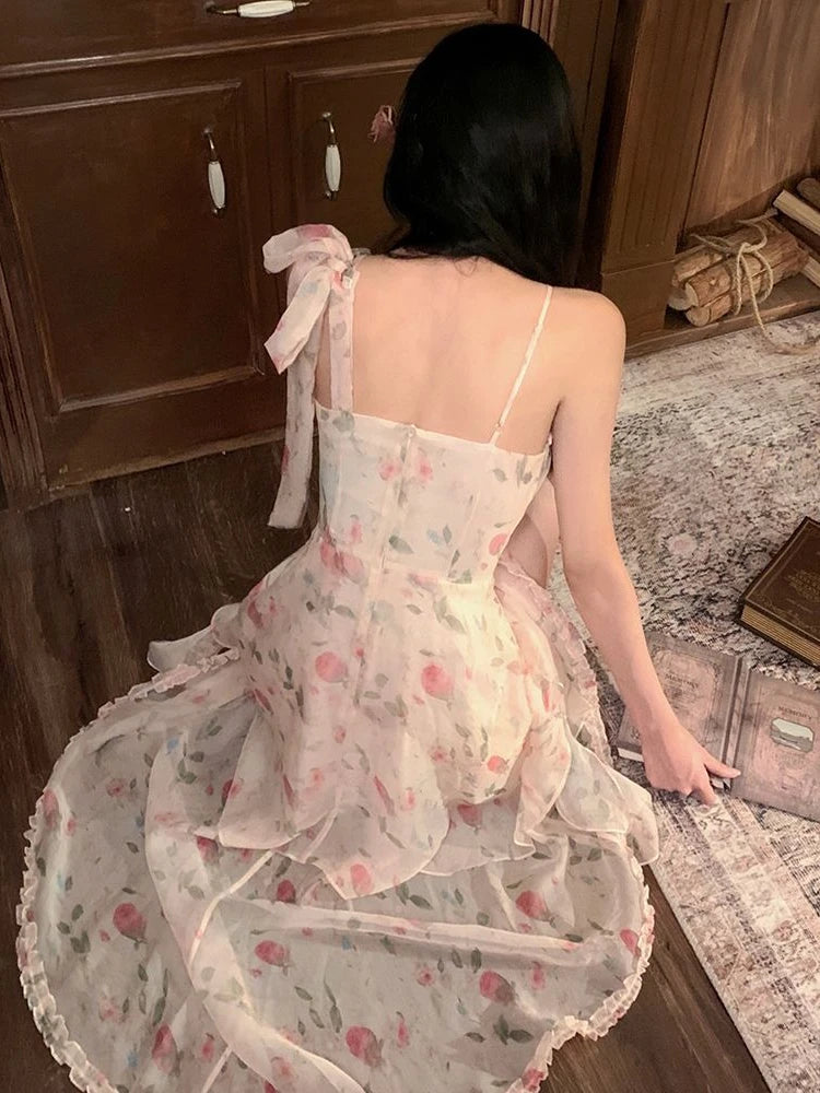 Hnewly French Elegant Fairy Print Dress Women Casual Even Party Irregular Sleeveless Midi Dress Female Vintage Y2k Floral Summer