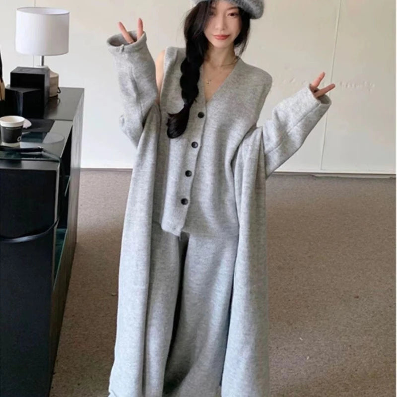 Hnewly Winter French Knitted Suits 3 Piece Set Women Casual Long Cardigan + Vintage Vest + Office Lady Long Pants Korean Fashion