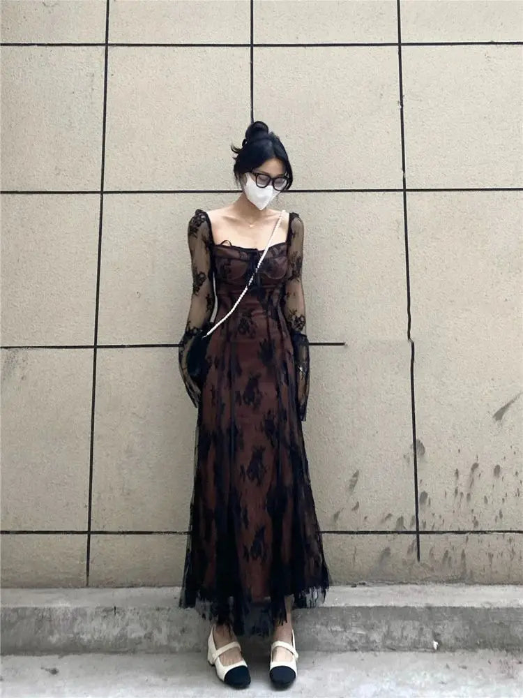 Hnewly Spring Vintage Lace Dress Women Casual Even Party Dress Korean Fashion Clothing Outwear Slim Bodycon Black Dress Female Y2k