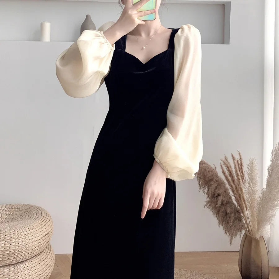Hnewly  Velvet Long Sleeve Dress Women's High Waist Slim Fit Bubble Sleeve Vintage Style Square Collar Midi Dress  Sweet Style