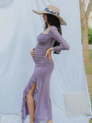 Hnewly  Maternity Photography Sheer Mesh Ruched Dress Pregnancy Photoshoot Outfit Square Neck Long Sleeve Maxi Gown for Pregnant Women