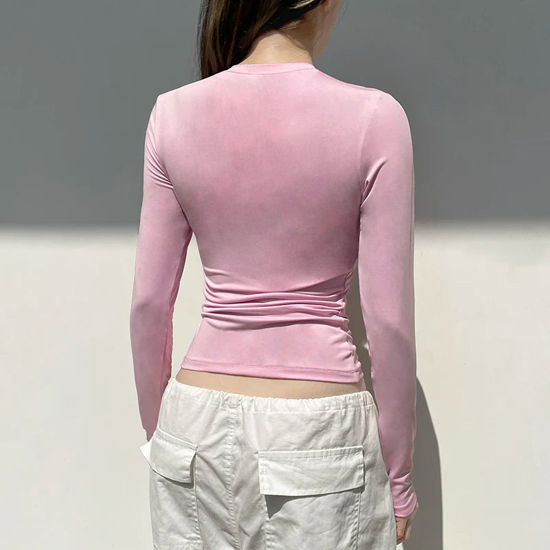 Hnewly Solid Basic Skinny T-shirt Casual Slim-fitting Crewneck Cropped Top Women Full Sleeve Cute Coquette Pink Tee y2k Vintage