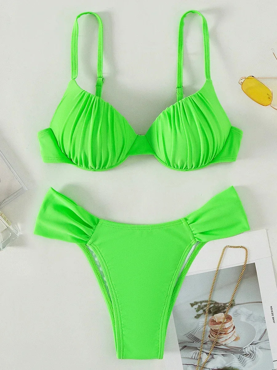 Hnewly  Neon Green Wrinkled Underwired Bra Cup Bikini Female Swimsuit Women Swimwear Two-pieces Bikini set Bather Bathing Suit Swim Lady