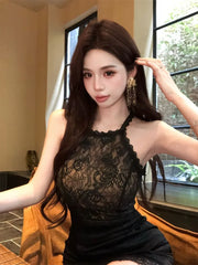 Hnewly  Woman Dress Sexy Sleeveless Lace Patchwork Bow Bandage Summer Fashion Elegant Slim Party Mini Dresses Female Club