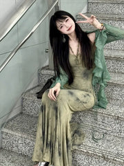 Hnewly New Chinese Style Halo Dyeing Slim Fit Camisole Dresses+ Y2k Ruffles Long Sleeve Green Cardigan Spring Two Piece Sets