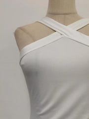 Hnewly  Solid Slimming Backless Temperament Dresses for Women Round Neck Sleeveless High Waist Spliced Metal Dress Female Fashion