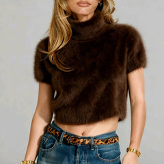 Hnewly  Women's Soft Furry Cropped Sweater Short Sleeve Turtleneck Furry Shaggy Jumpers Fuzzy Knitwear Slim Y2k Pullover Tops