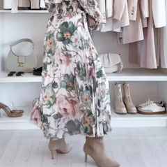 Hnewly  Stylish Off - the - Shoulder Two - Piece Outfit: Long - Sleeve Flare Sleeve Shirred Top with High - Slit Floral Maxi Skirt