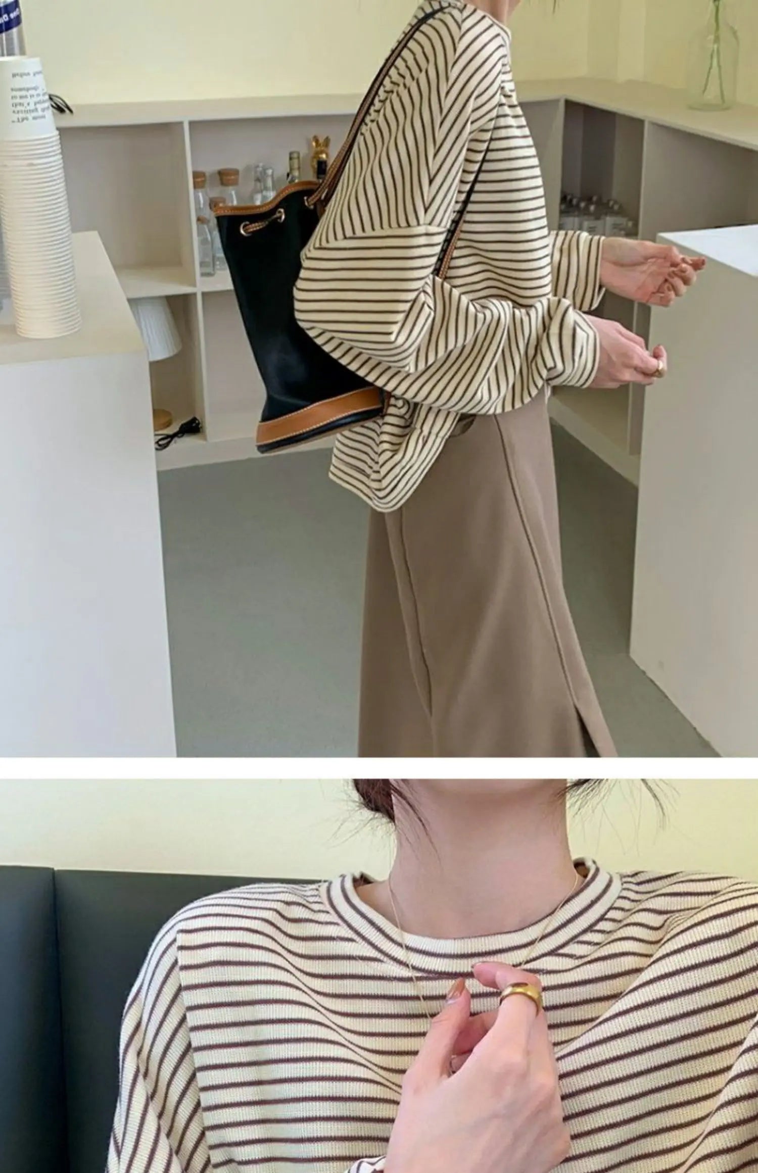 Hnewly  Coffee Stripes Cotton T-Shirts Women Loose Spring Autumn 2023 Lady Casual Full Sleeve O-Neck Chic All Match Tops