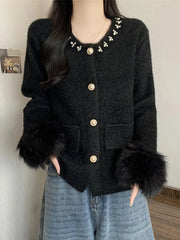 Hnewly  Elegant Pearls Sweet Cardigan Women Vintage O Neck Faux Mink Cashmere Knitted Sweaters Korean Casual Long Sleeve Loose Tops