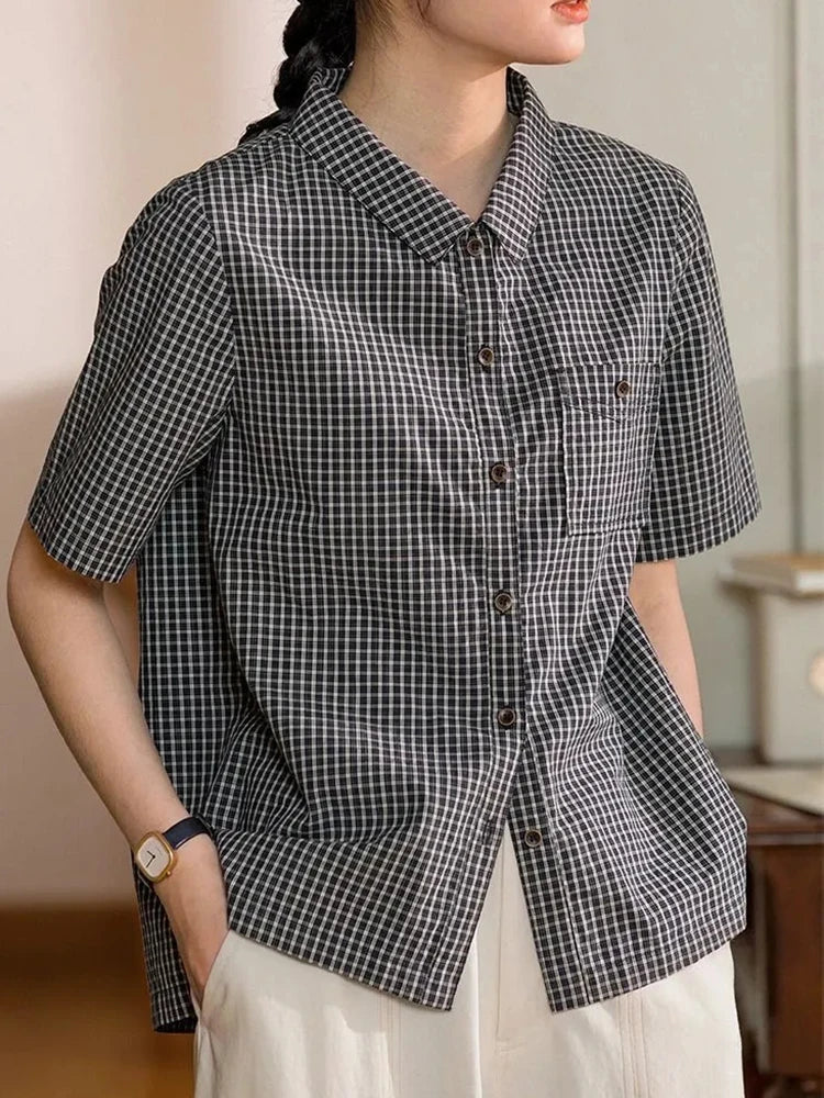 Hnewly Japan Plaid Shirt Women Vintage Causal Short Sleeve Simple Blouse Preppy Style Retro Loose Female Summer Cute All Match Top