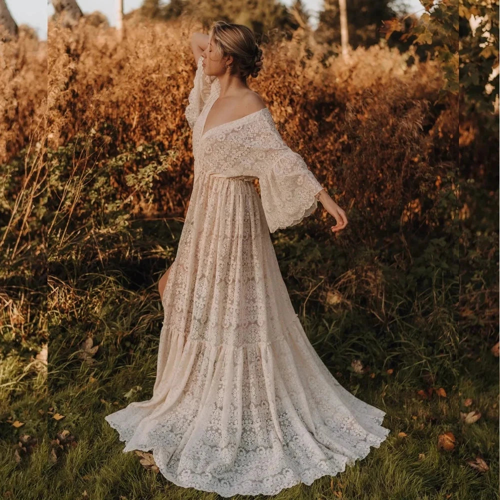 Hnewly  Bohemian Lace Maternity Photography Dress Long Train Boho Pregnant Woman Lace Long Dresses For Photoshoot