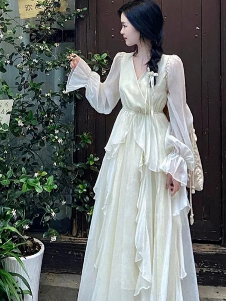 Hnewly French Fairycon Ruffles Dresses For Women's 2025 New Summer Fashion V-Neck White Long Puff Sleeve Dress Holiday Beach Vestiods