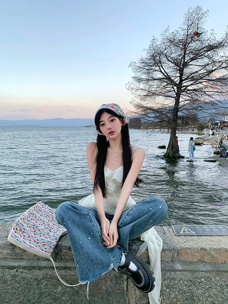 Hnewly Summer Chiffon Floral Blouse Women Casual Y2k Crop Tops Beach Style Korean Fashion Clothing Chic Tank Tops Vest Female Shirts