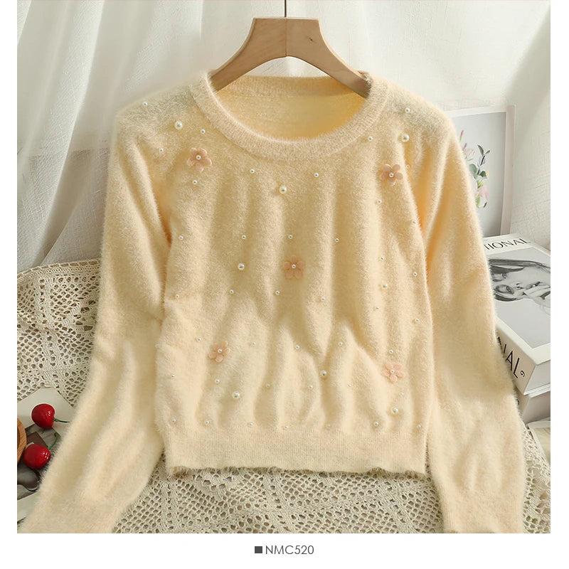 Hnewly  Women's Short Sweater Autumn Winter Fashion Beaded Slim Long Sleeve Pullover Korean Versatile O-neck Loose Knitted Tops