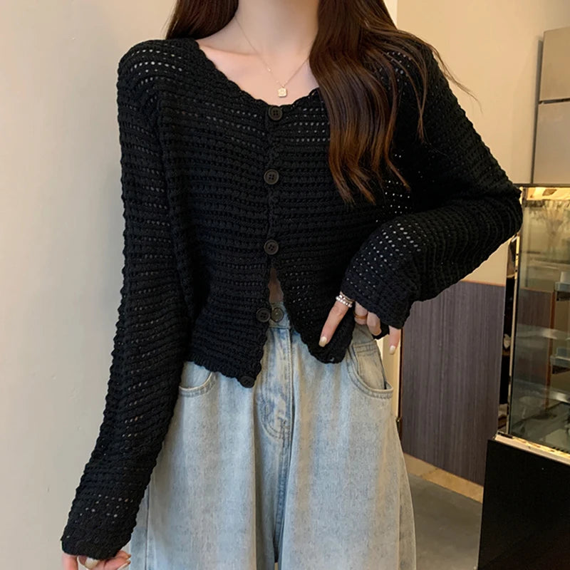 Hnewly  Women Button Up Short Cardigan Knitted Shirt Hollow Out Crochet Crop Top Long Sleeved Thin Cover Up Teen-girl Casual Outfit