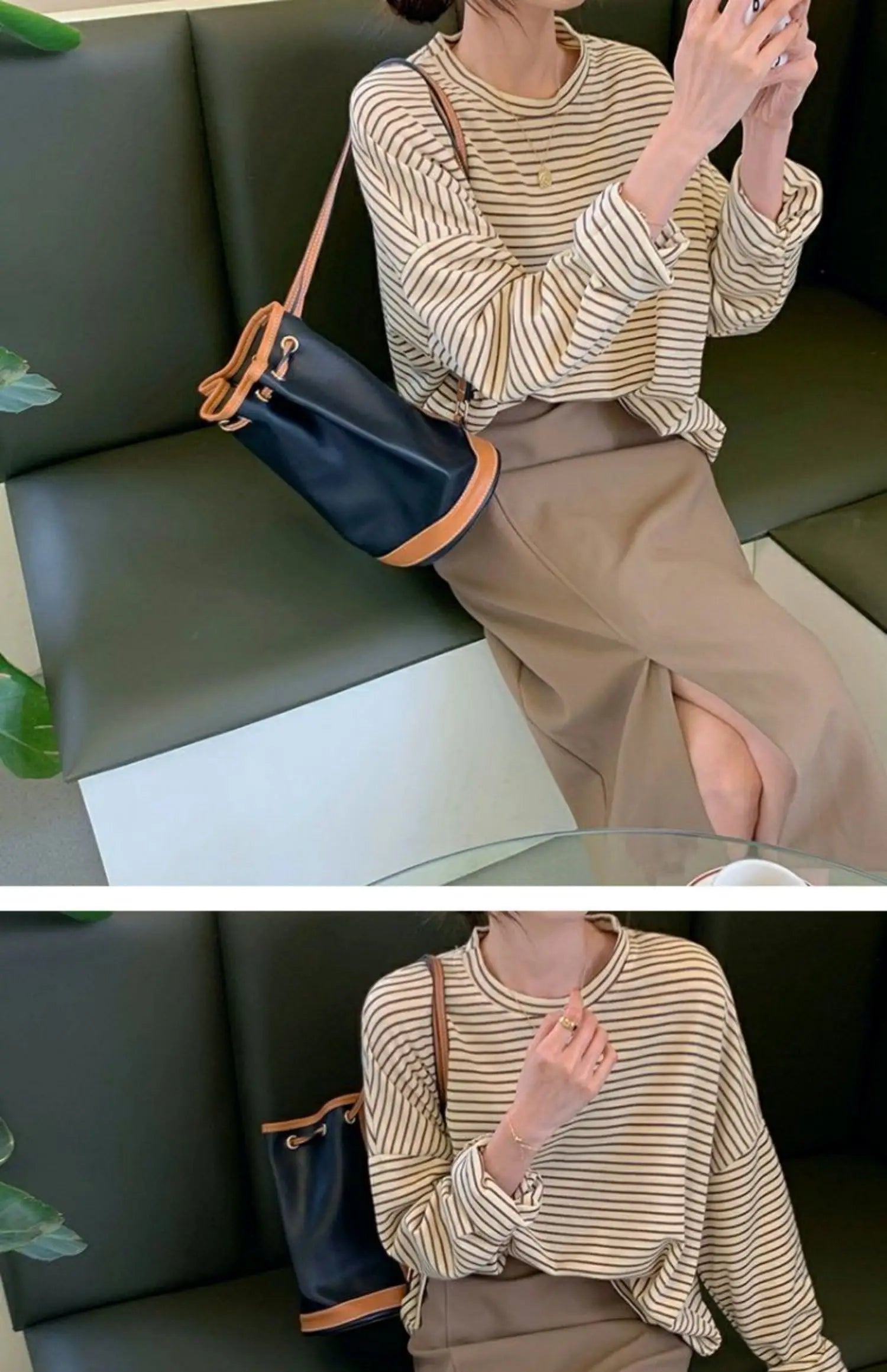 Hnewly  Coffee Stripes Cotton T-Shirts Women Loose Spring Autumn 2023 Lady Casual Full Sleeve O-Neck Chic All Match Tops
