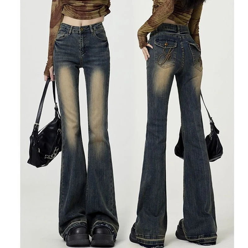 Hnewly New Women American Retro Trashy Y2k 2000s Flare Jeans Lady Elastic Slim Fit Denim Bell Bottom Pants Vintage Retro Blue Trousers