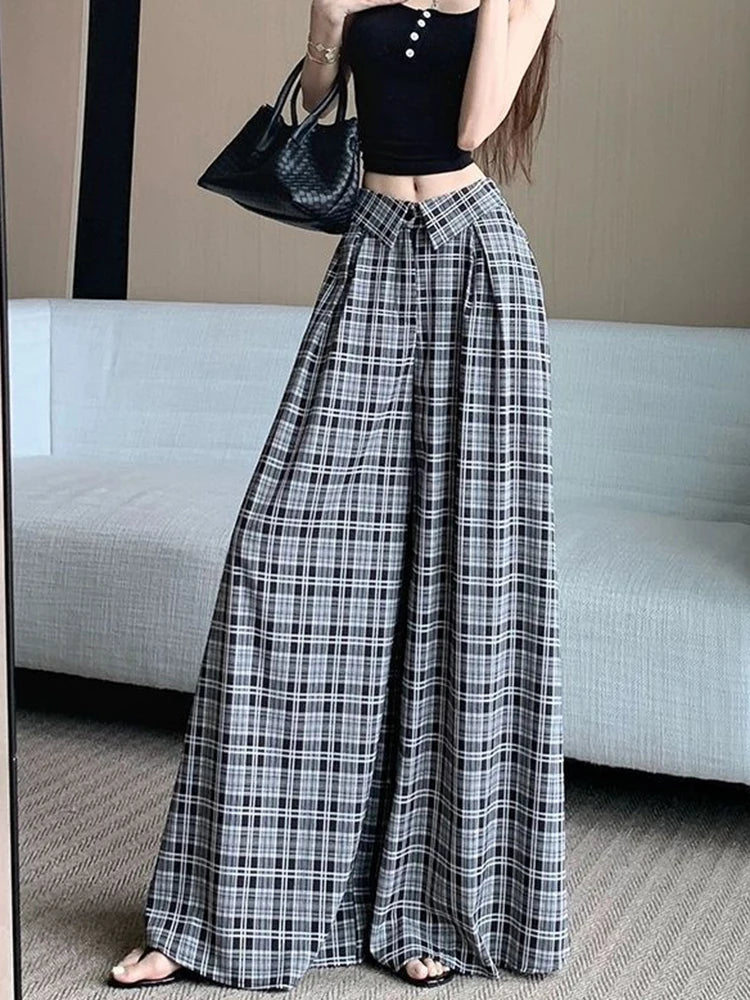 Hnewly Chic Plaid Wide Leg Pants Women Fashion Oversize Loose High Waist Straight Trousers Summer Korean Lady Elegant Korean Pant
