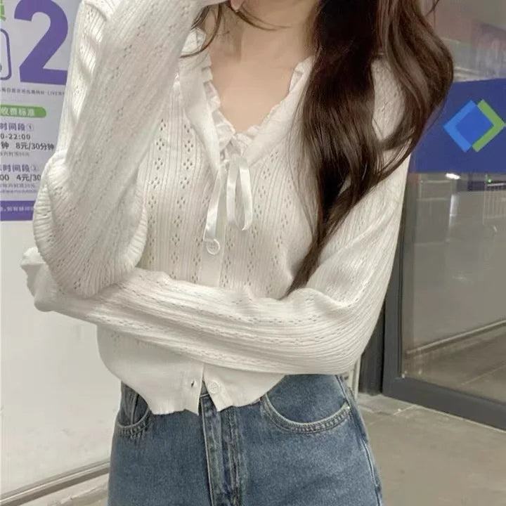 Hnewly  Women's Pointelle Knit Cardigan with Bow Long Sleeve Button Front Sweater Openwork Cardi Teen-girl Fairycore Balletcore Outfit