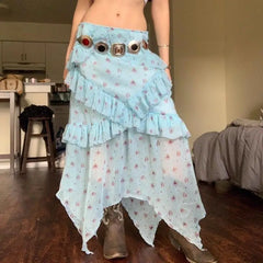 Hnewly  Vintage Floral Skirt Women Boho Mesh Y2k Ruffle Skirts Irregular Summer Fashion Layered Vacation Long Skirts Streetwear