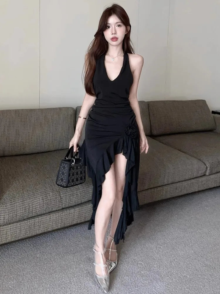 Hnewly  Woman Dress Sexy Sleeveless Slim Backless Irregular Ruffles Split Summer Fashion Temperament Party Dresses Female