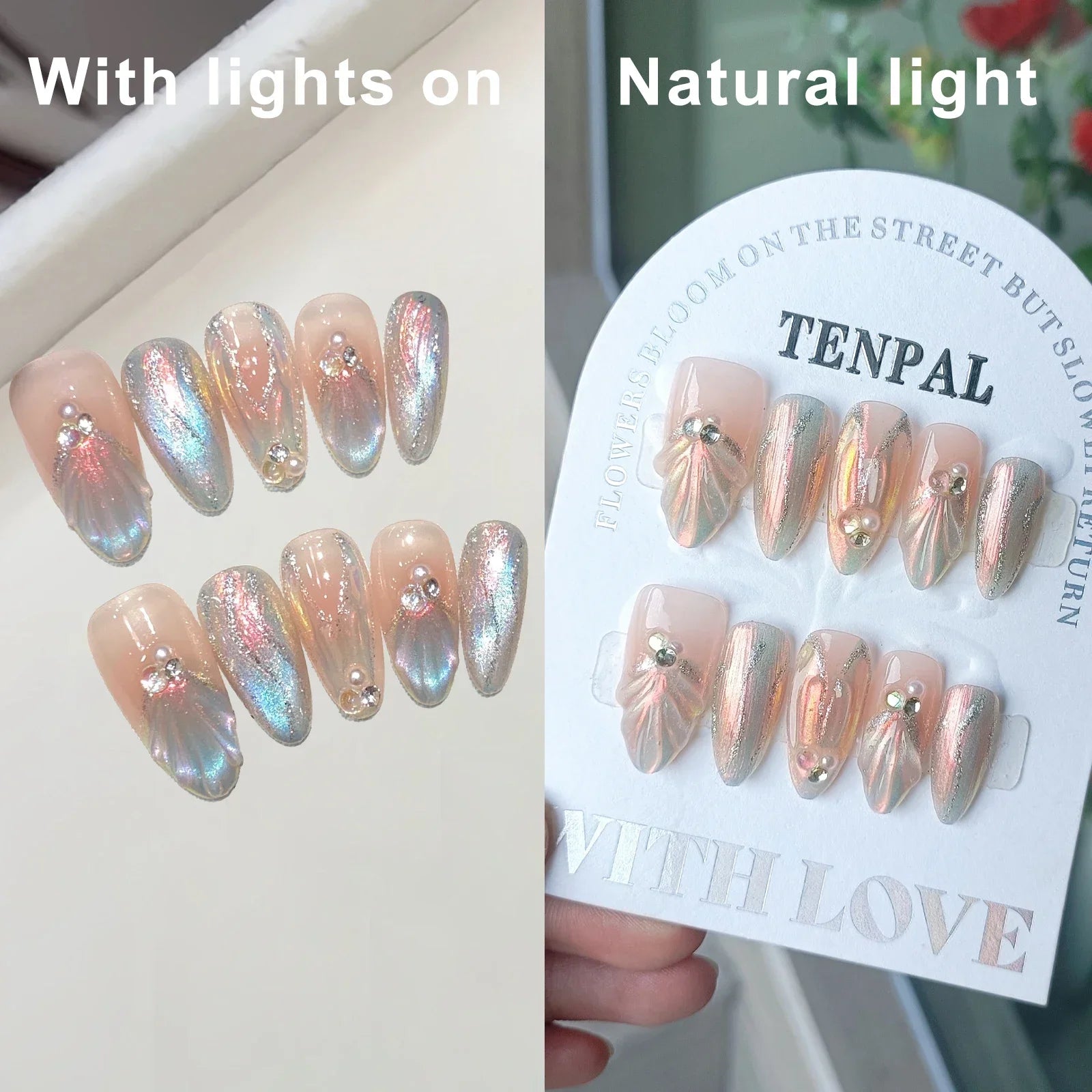 Hnewly 10Pcs Handmade Press on Nails Long Ballet Blue Fake Nails with 3D Ocean Moon Rhinestone Design False Nails Full Cover Nail Tips